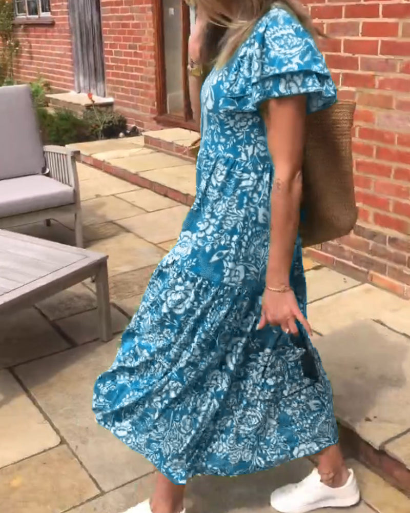 LK® | Langes Kleid mit kurzen Ärmeln und Blumenmuster