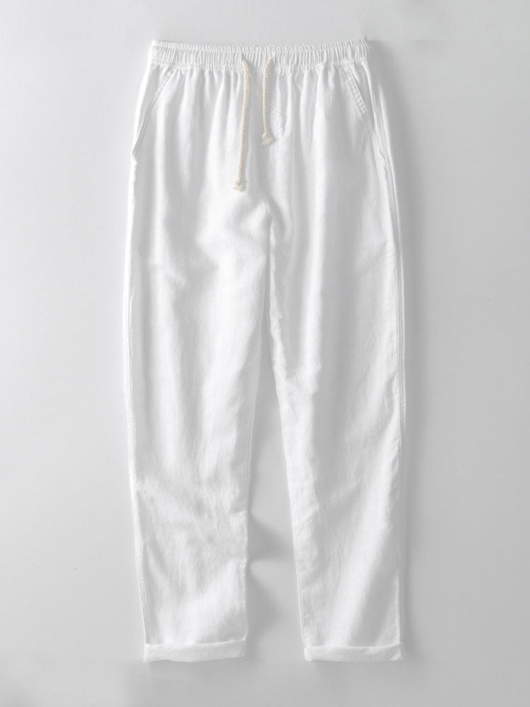 Gestreifte gehäkelte V-Ausschnitt Polo & Leinenhose mit geraden Beinen