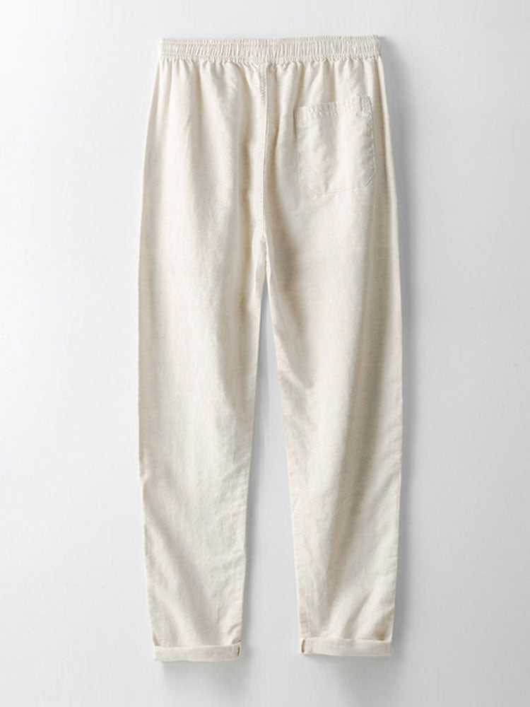 Gestreifte gehäkelte V-Ausschnitt Polo & Leinenhose mit geraden Beinen