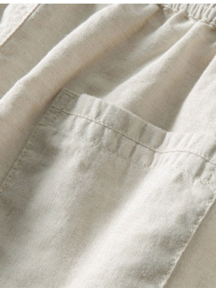 Gestreifte gehäkelte V-Ausschnitt Polo & Leinenhose mit geraden Beinen
