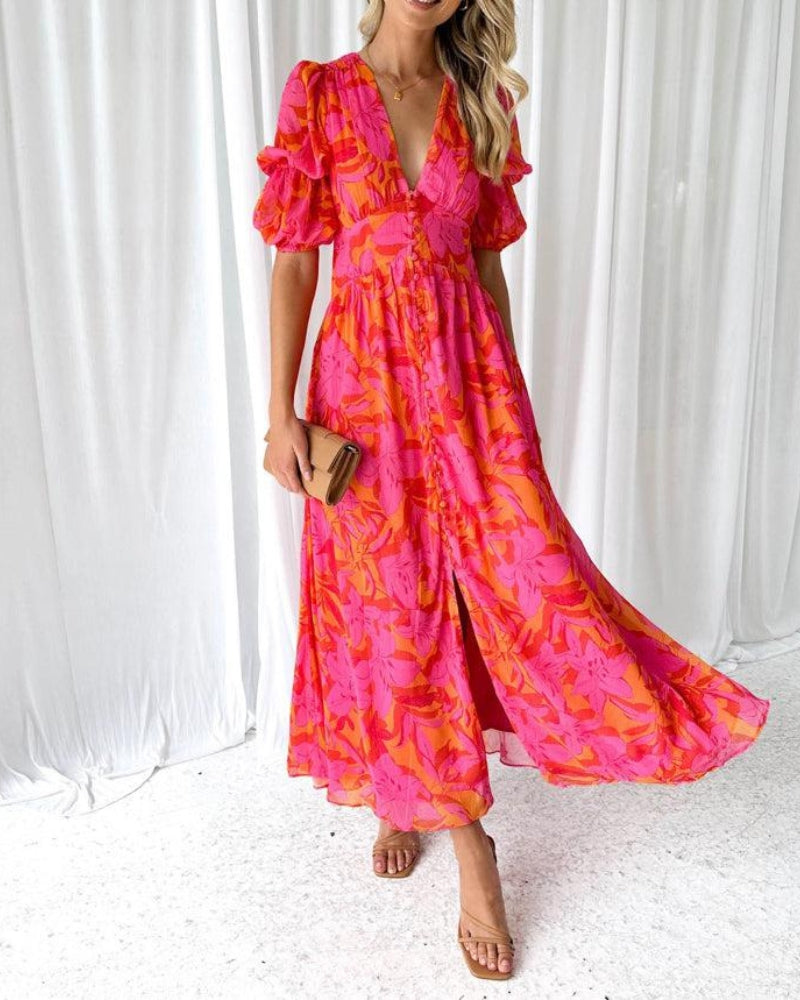 LK® | Elegantes V-Ausschnitt Maxikleid mit Puffärmeln