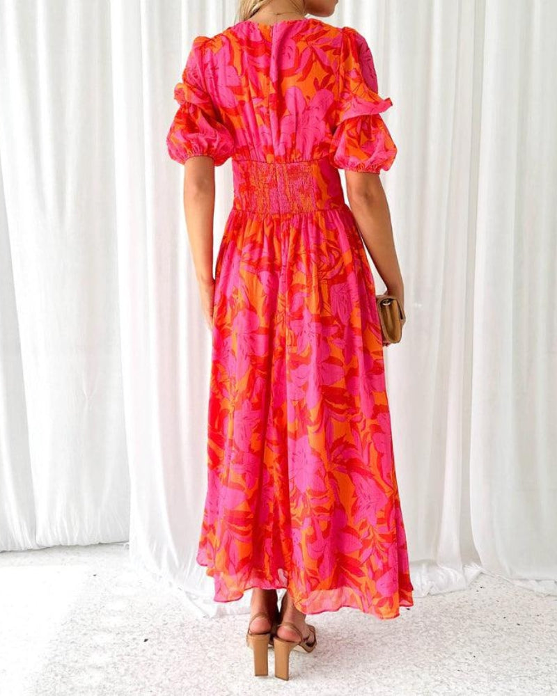 LK® | Elegantes V-Ausschnitt Maxikleid mit Puffärmeln