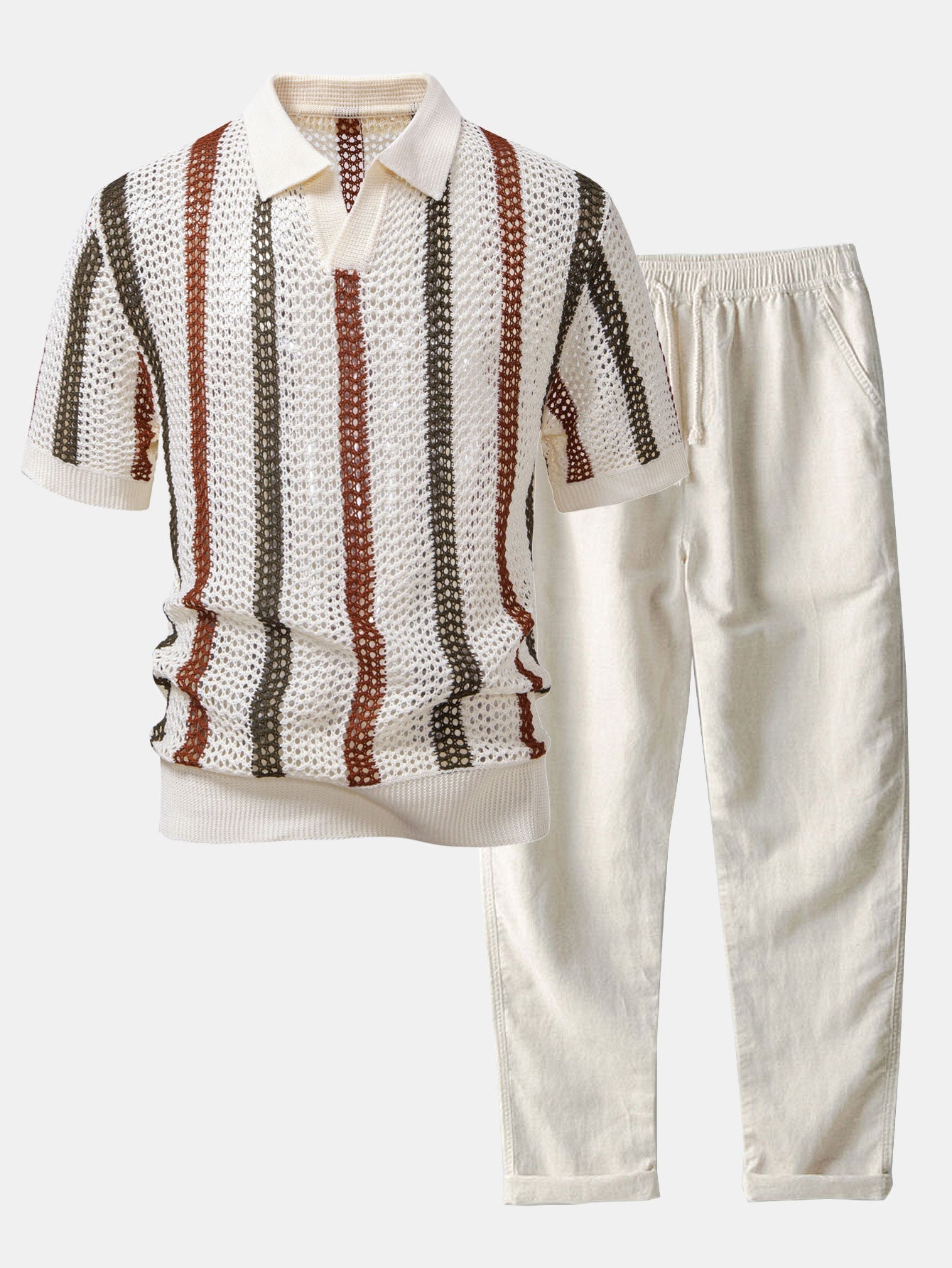 Gestreifte gehäkelte V-Ausschnitt Polo & Leinenhose mit geraden Beinen