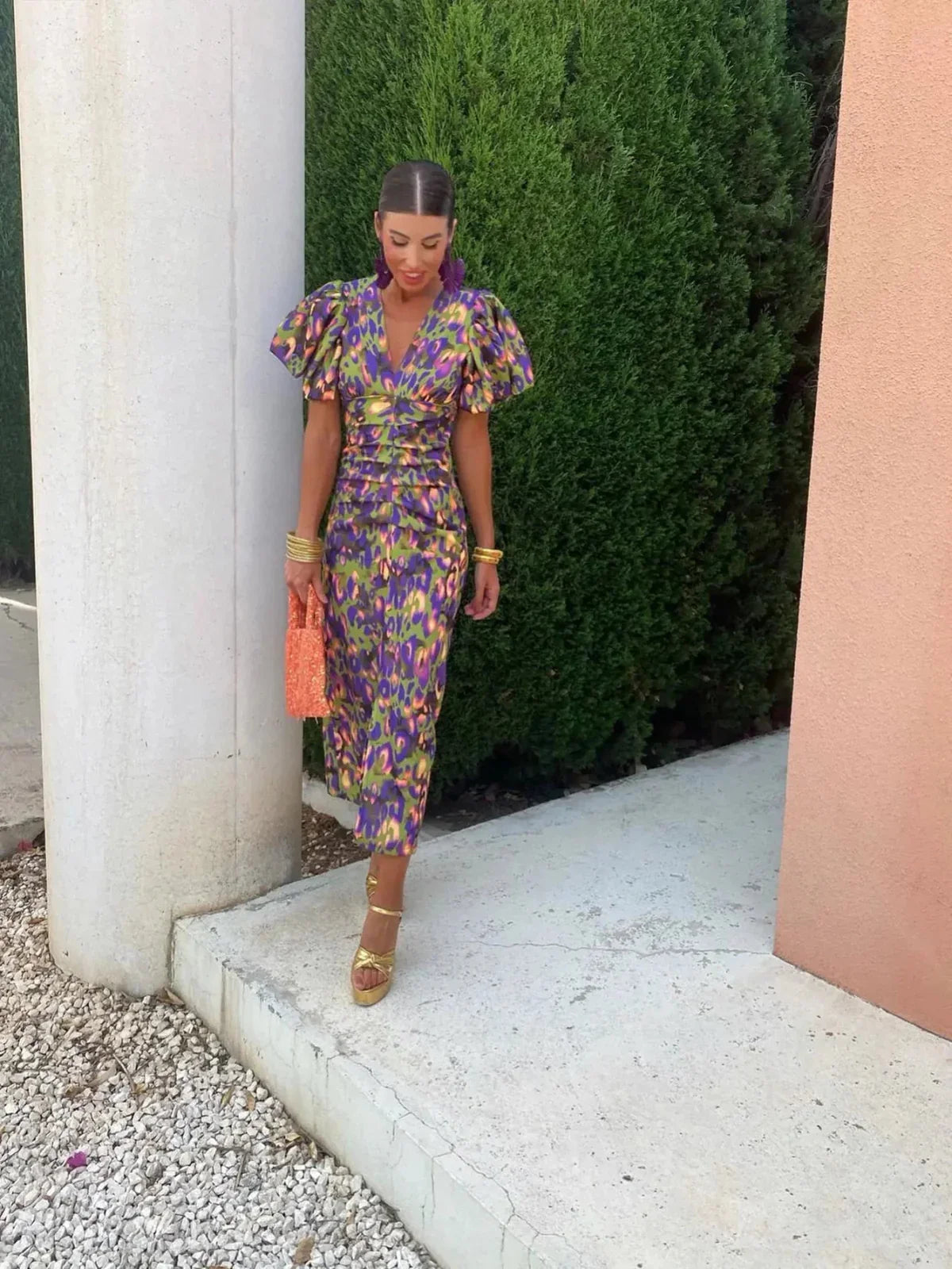 LK® | Bunte Kleid mit Gefalteten Ärmeln