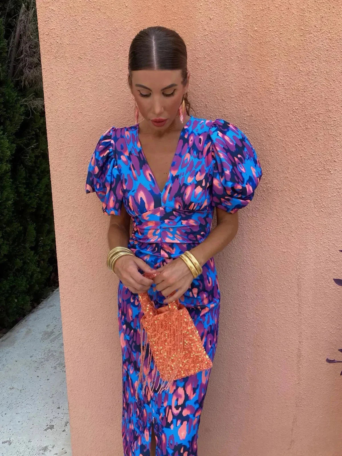 LK® | Bunte Kleid mit Gefalteten Ärmeln