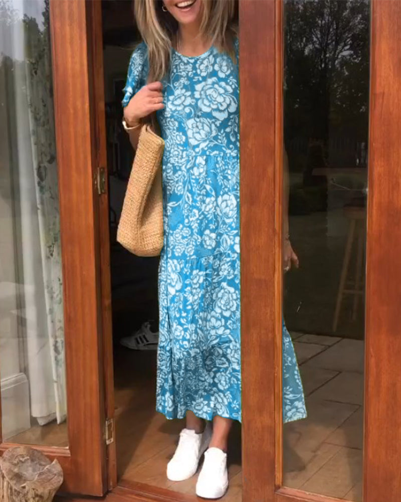 LK® | Langes Kleid mit kurzen Ärmeln und Blumenmuster