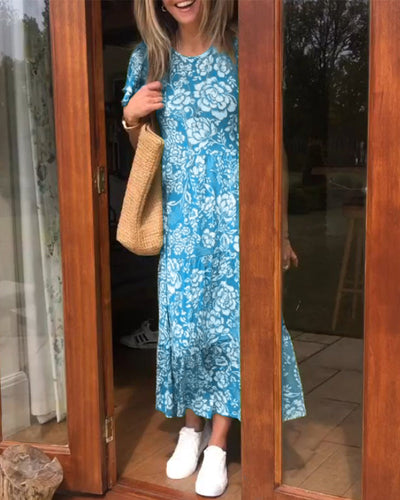 LK® | Langes Kleid mit kurzen Ärmeln und Blumenmuster