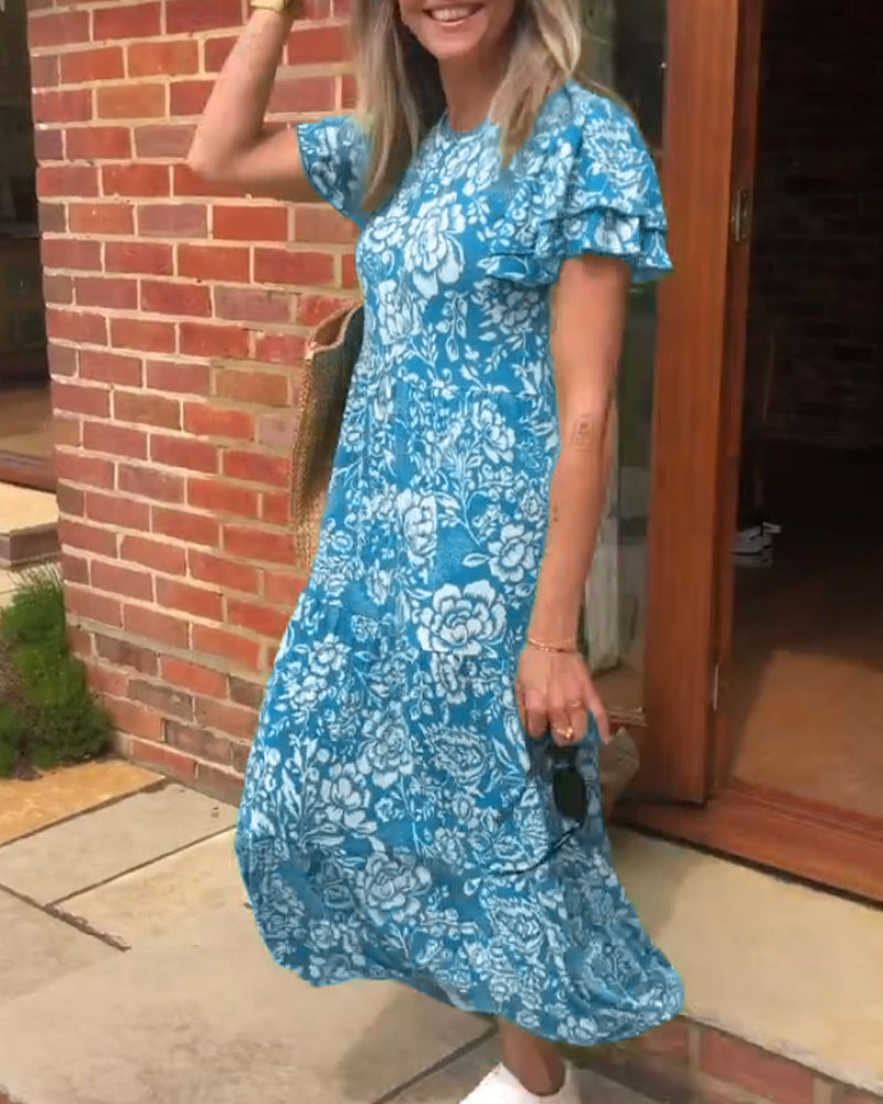 LK® | Langes Kleid mit kurzen Ärmeln und Blumenmuster