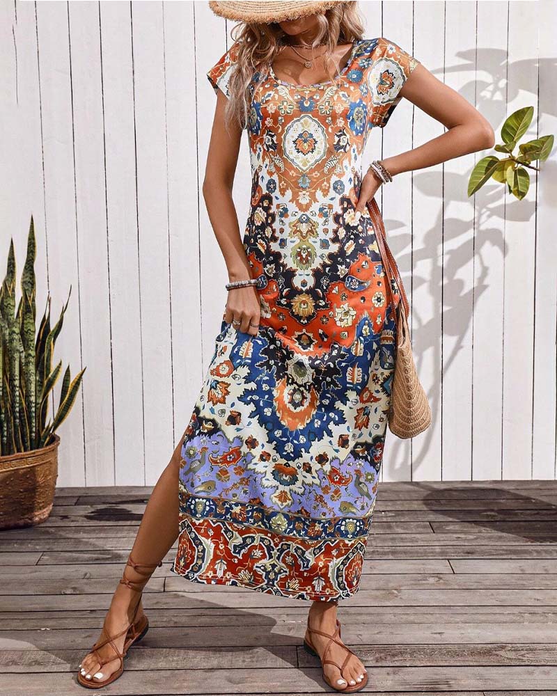 Bunte lässige Kleid mit Druck und Schlitzen