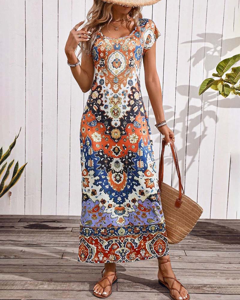 Bunte lässige Kleid mit Print und Schlitzen