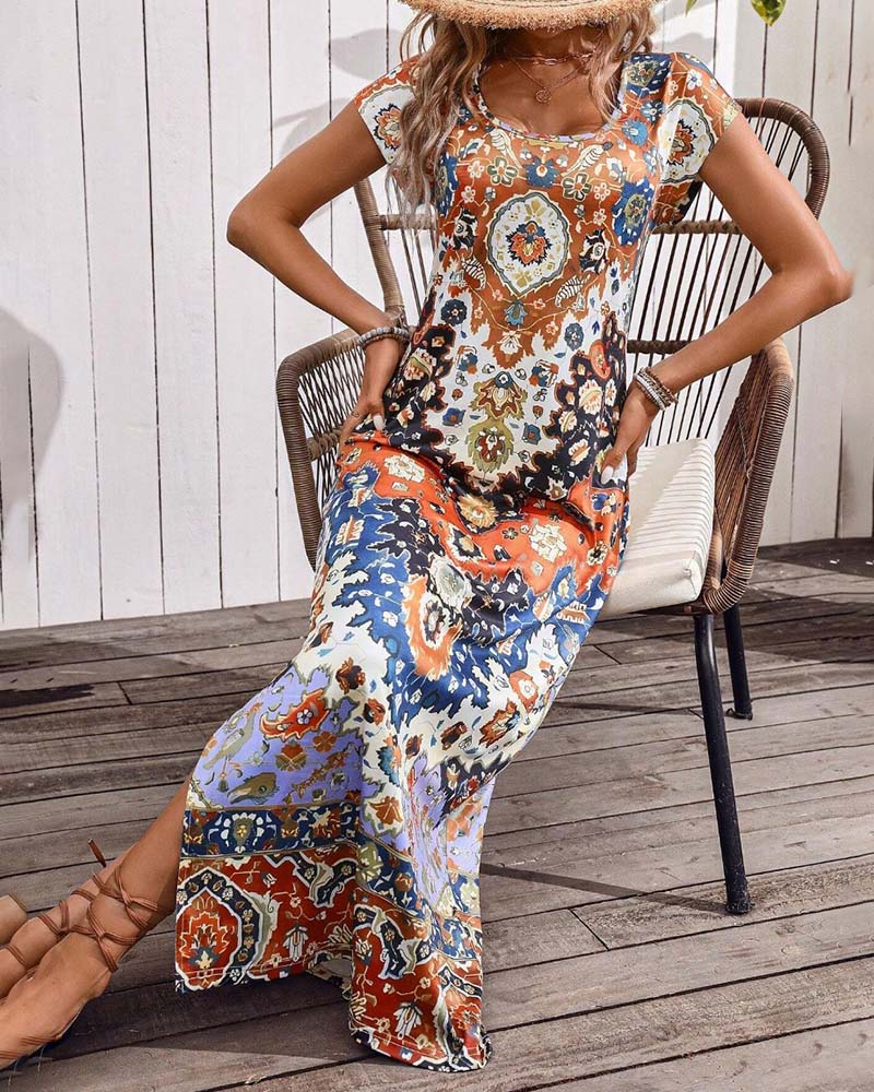 Bunte lässige Kleid mit Print und Schlitzen