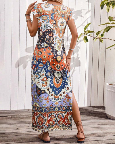 Bunte lässige Kleid mit Print und Schlitzen