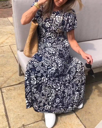 LK® | Langes Kleid mit kurzen Ärmeln und Blumenmuster