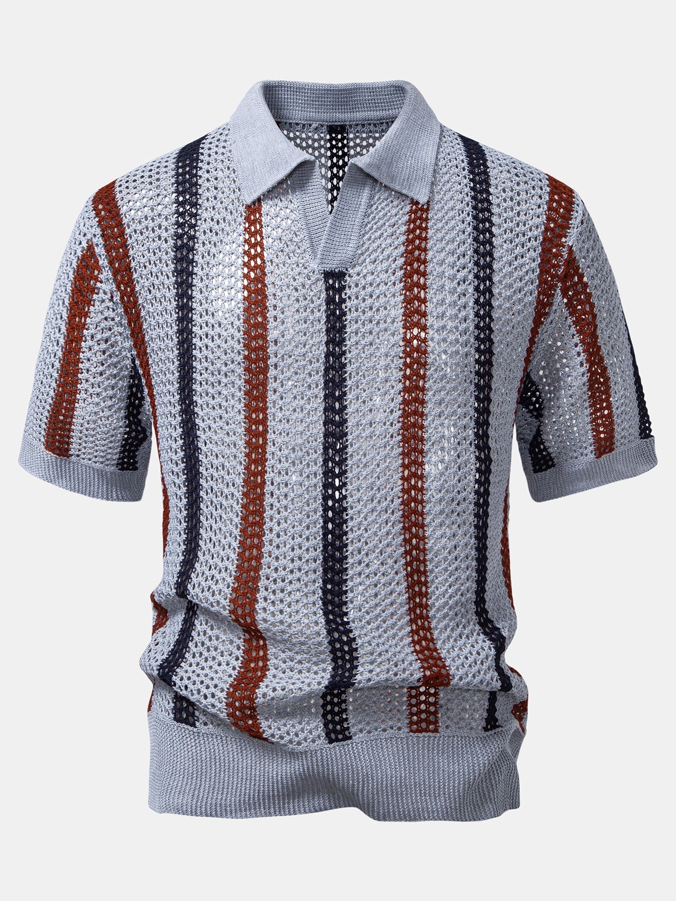 Gestreifte gehäkelte V-Ausschnitt Polo & Leinenhose mit geraden Beinen