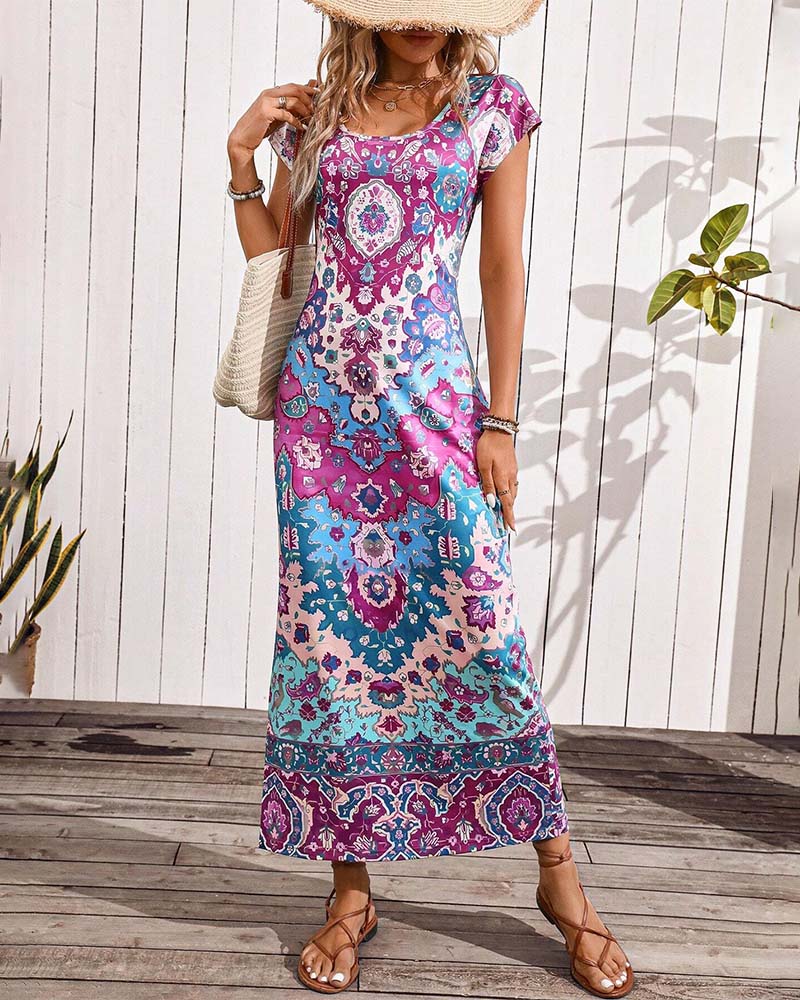 Bunte lässige Kleid mit Print und Schlitzen