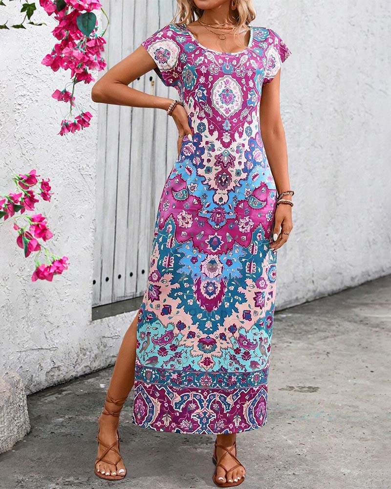 Bunte lässige Kleid mit Print und Schlitzen