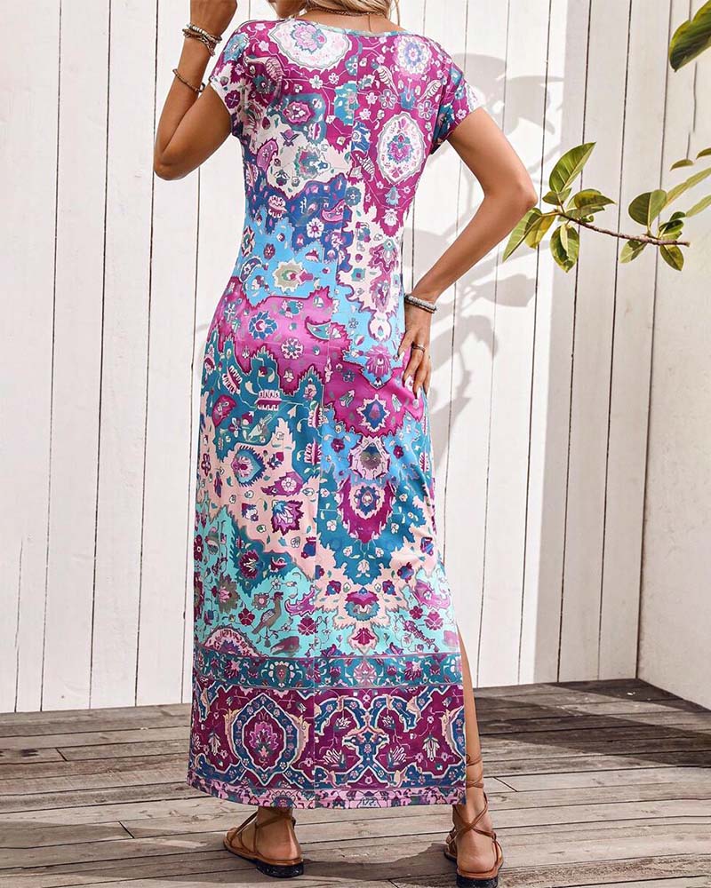 Bunte lässige Kleid mit Print und Schlitzen