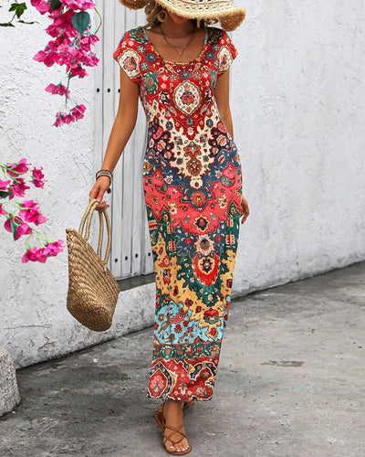 Bunte lässige Kleid mit Print und Schlitzen