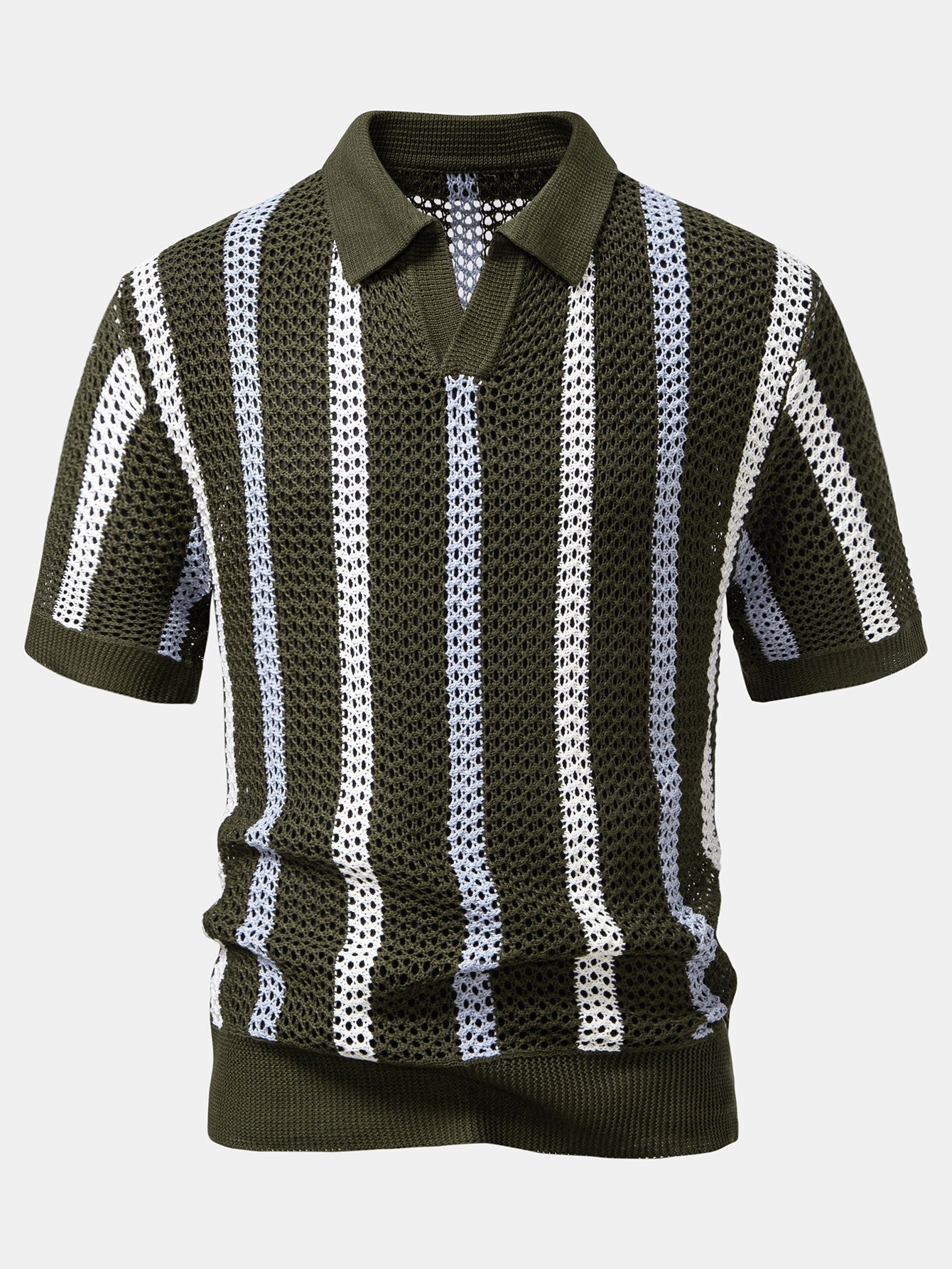 Gestreifte gehäkelte V-Ausschnitt Polo & Leinenhose mit geraden Beinen