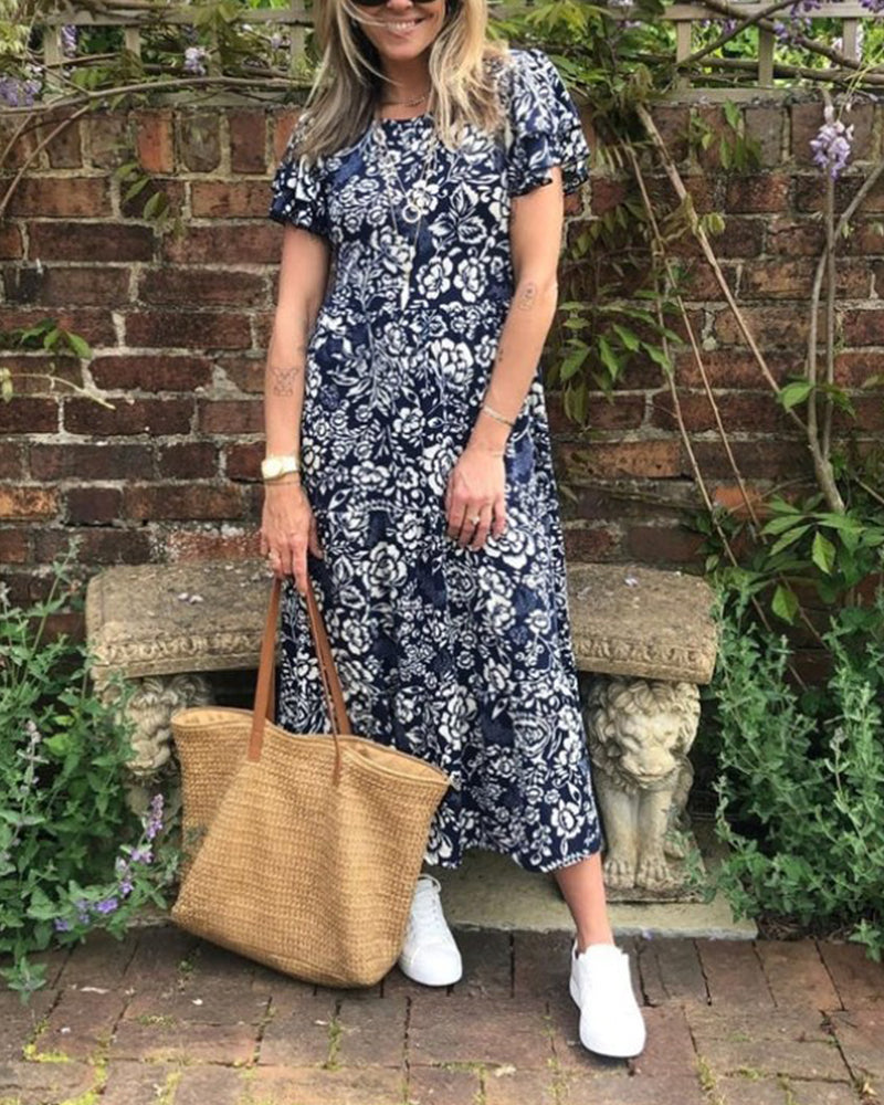 LK® | Langes Kleid mit kurzen Ärmeln und Blumenmuster