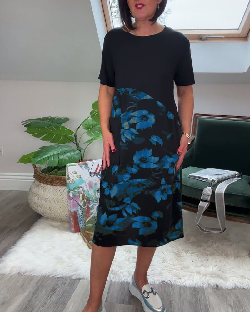 Patchworkkleid mit Rundhalsausschnitt und Blumenmuster