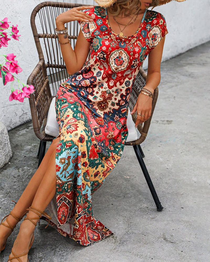 Bunte lässige Kleid mit Print und Schlitzen