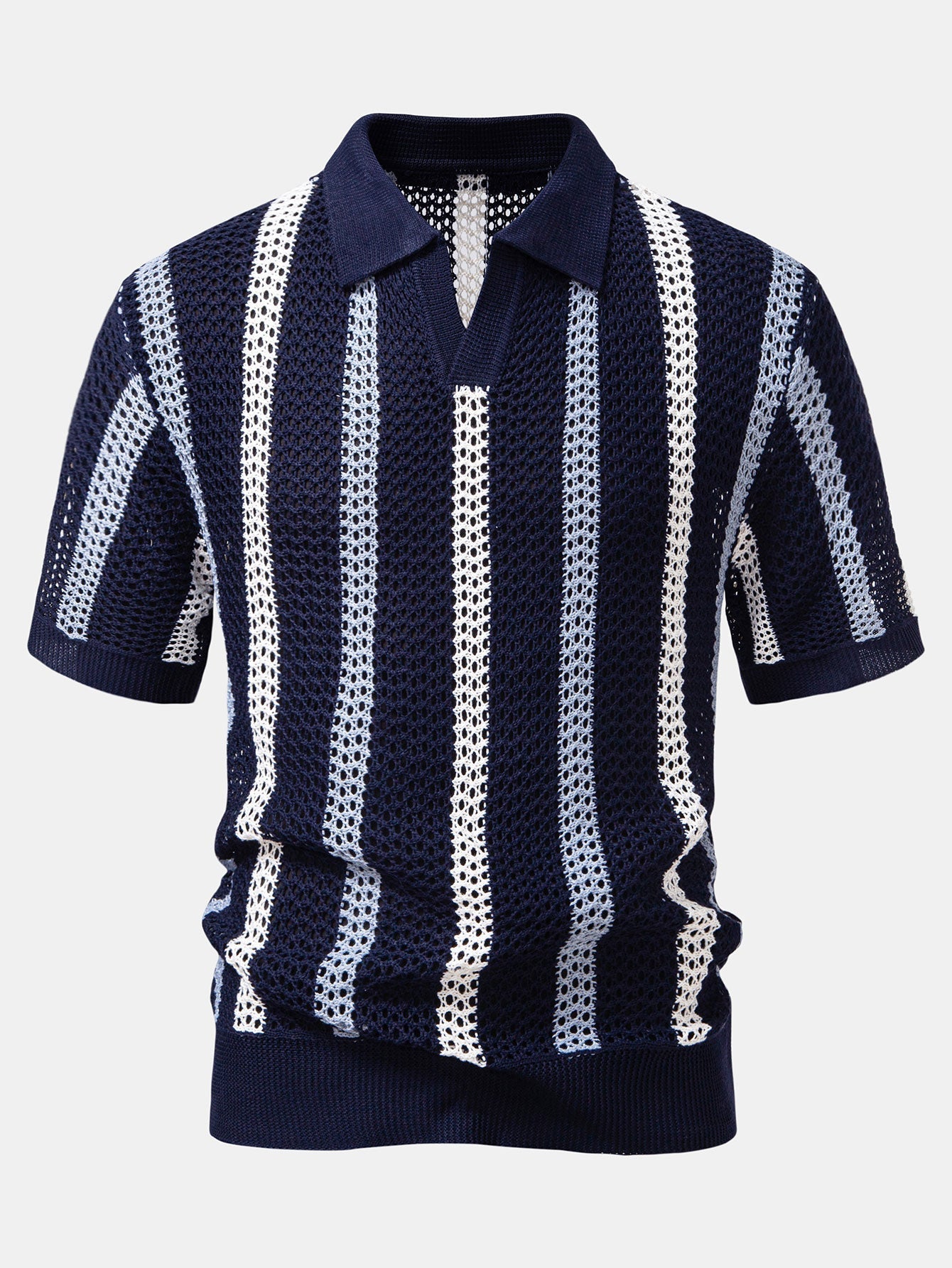 Gestreifte gehäkelte V-Ausschnitt Polo & Leinenhose mit geraden Beinen