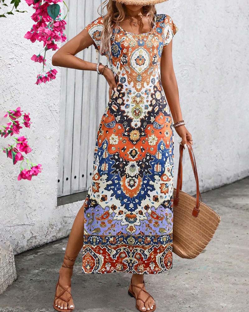 Bunte lässige Kleid mit Print und Schlitzen