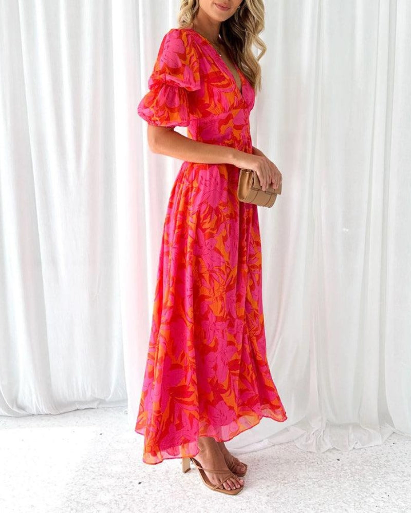 LK® | Elegantes V-Ausschnitt Maxikleid mit Puffärmeln