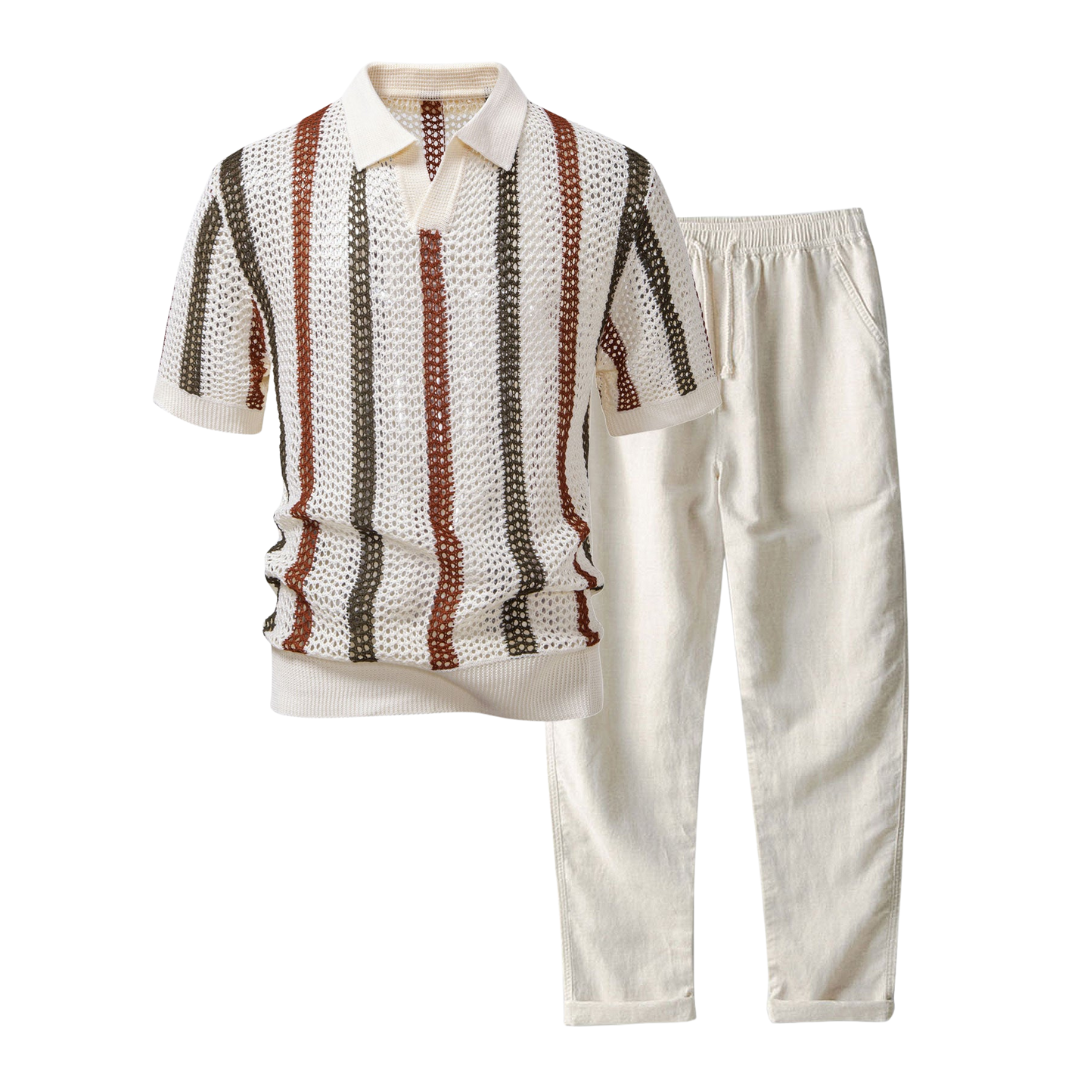 Gestreifte gehäkelte V-Ausschnitt Polo & Leinenhose mit geraden Beinen