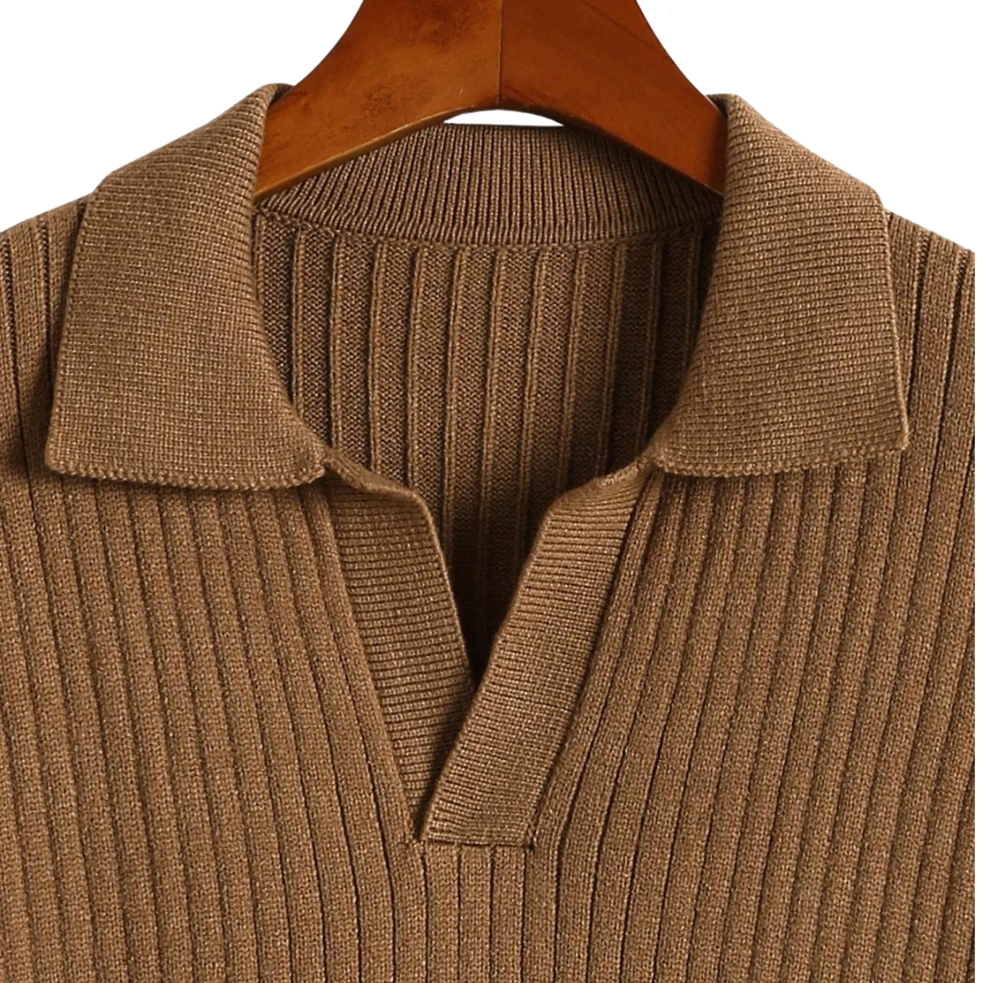 V-Ausschnitt Polo Pullover mit Rippstruktur