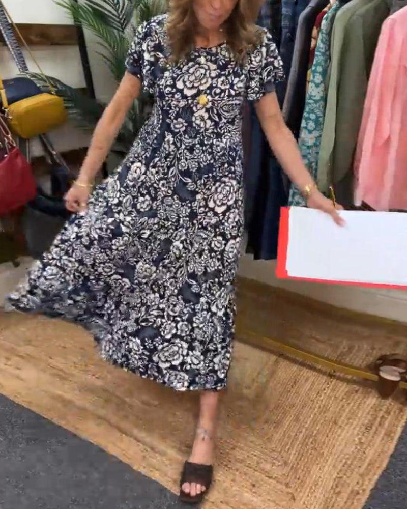 LK® | Langes Kleid mit kurzen Ärmeln und Blumenmuster