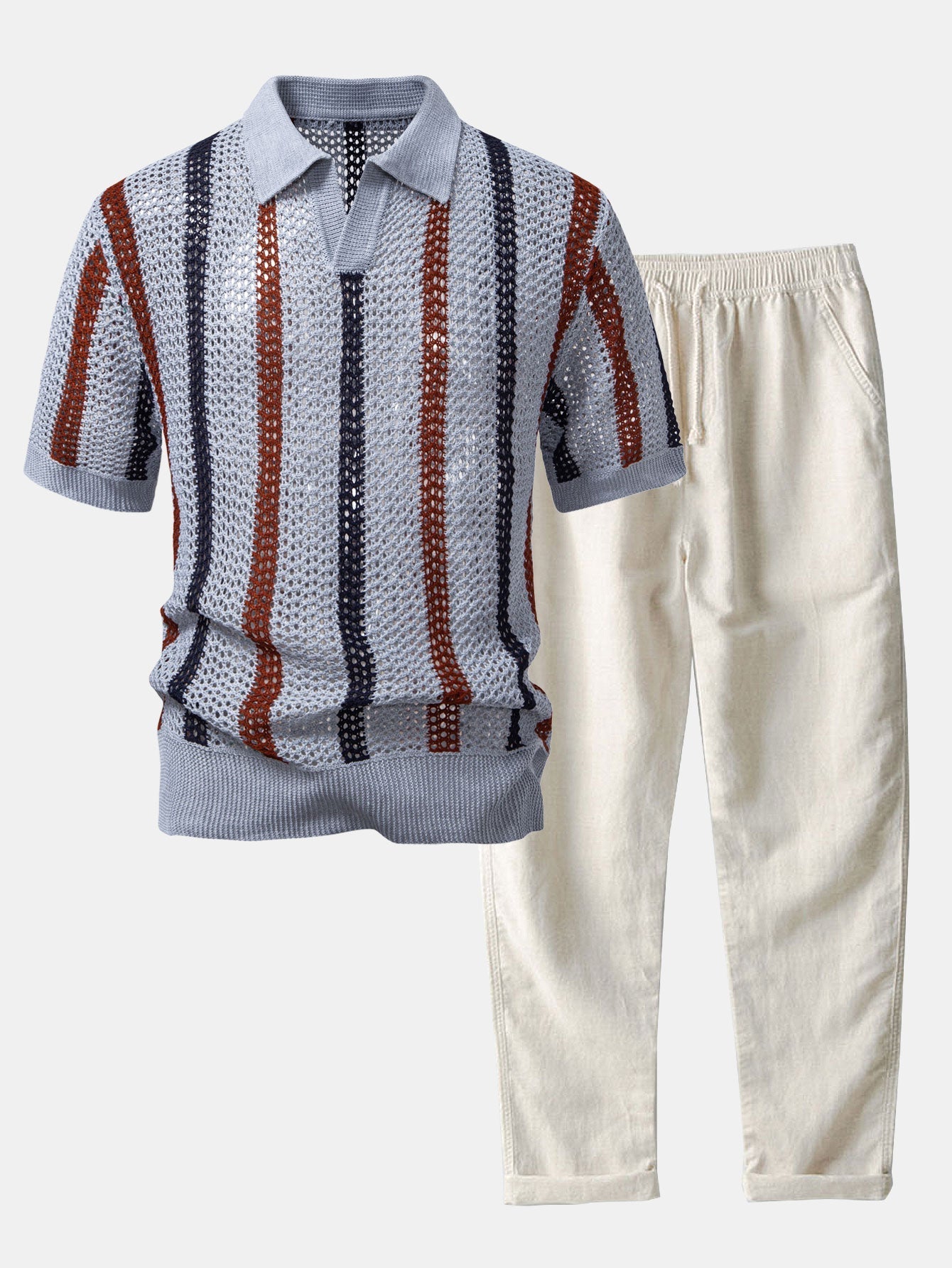 Gestreifte gehäkelte V-Ausschnitt Polo & Leinenhose mit geraden Beinen