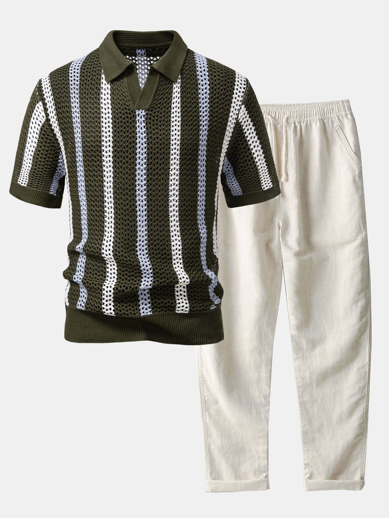 Gestreifte gehäkelte V-Ausschnitt Polo & Leinenhose mit geraden Beinen