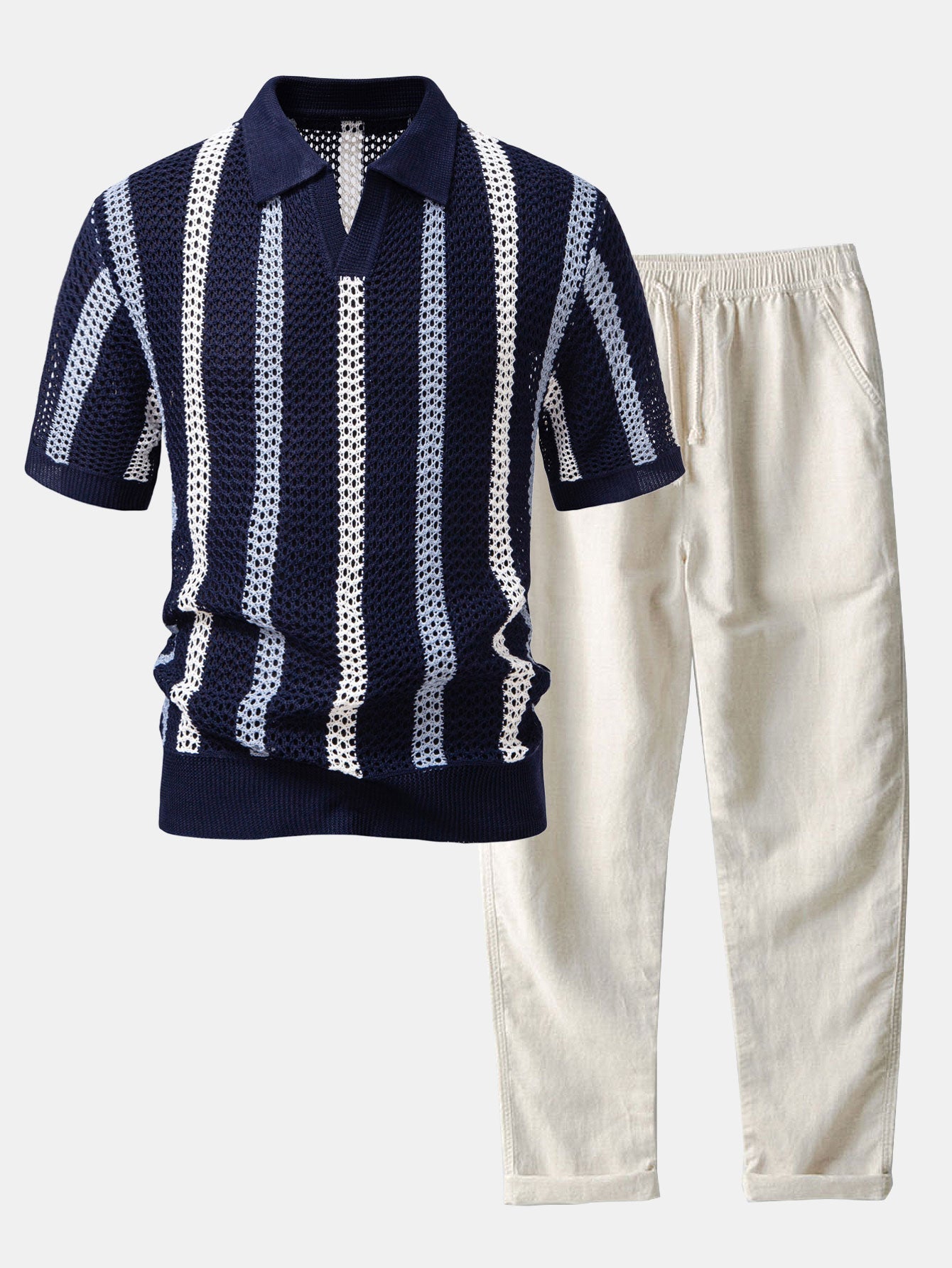 Gestreifte gehäkelte V-Ausschnitt Polo & Leinenhose mit geraden Beinen