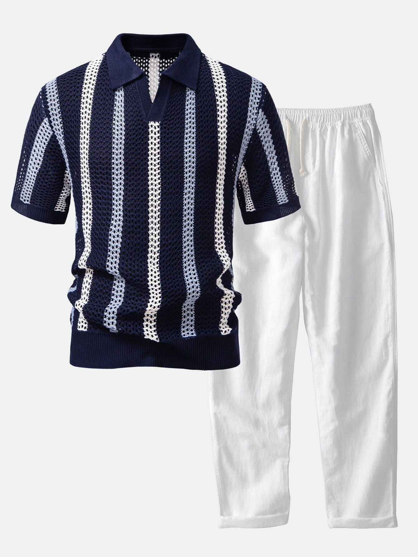 Gestreifte gehäkelte V-Ausschnitt Polo & Leinenhose mit geraden Beinen