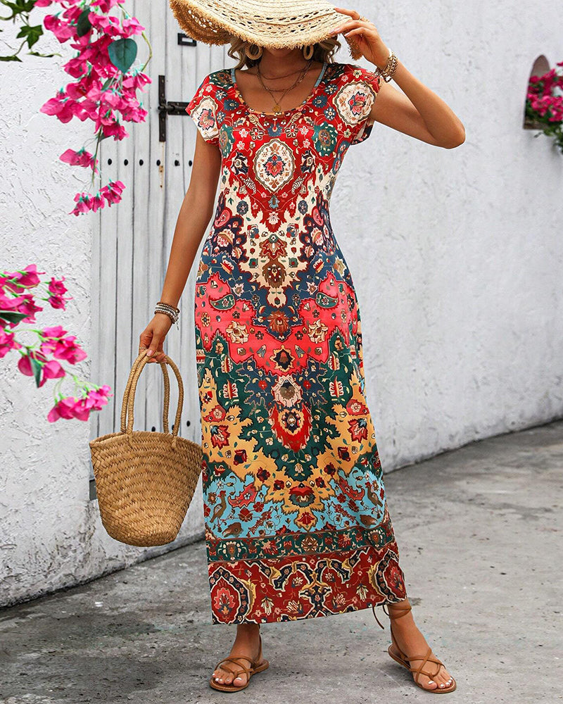 Bunte lässige Kleid mit Print und Schlitzen