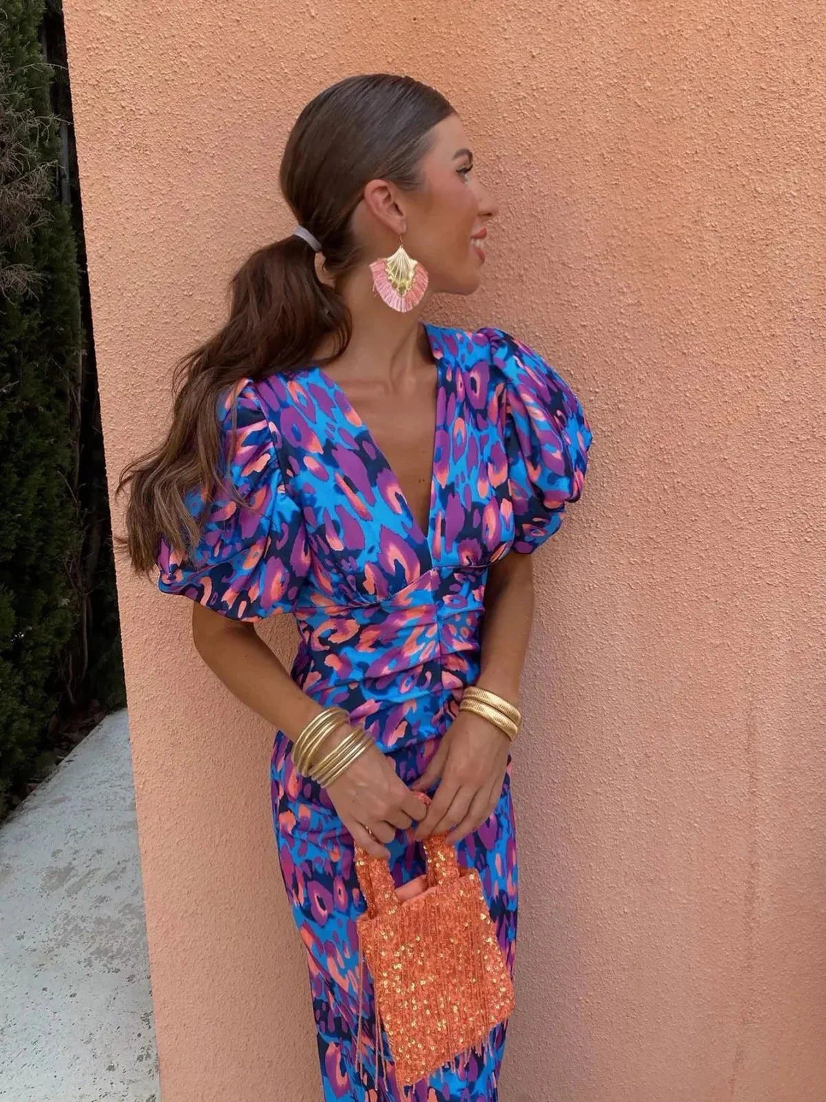 LK® | Bunte Kleid mit Gefalteten Ärmeln