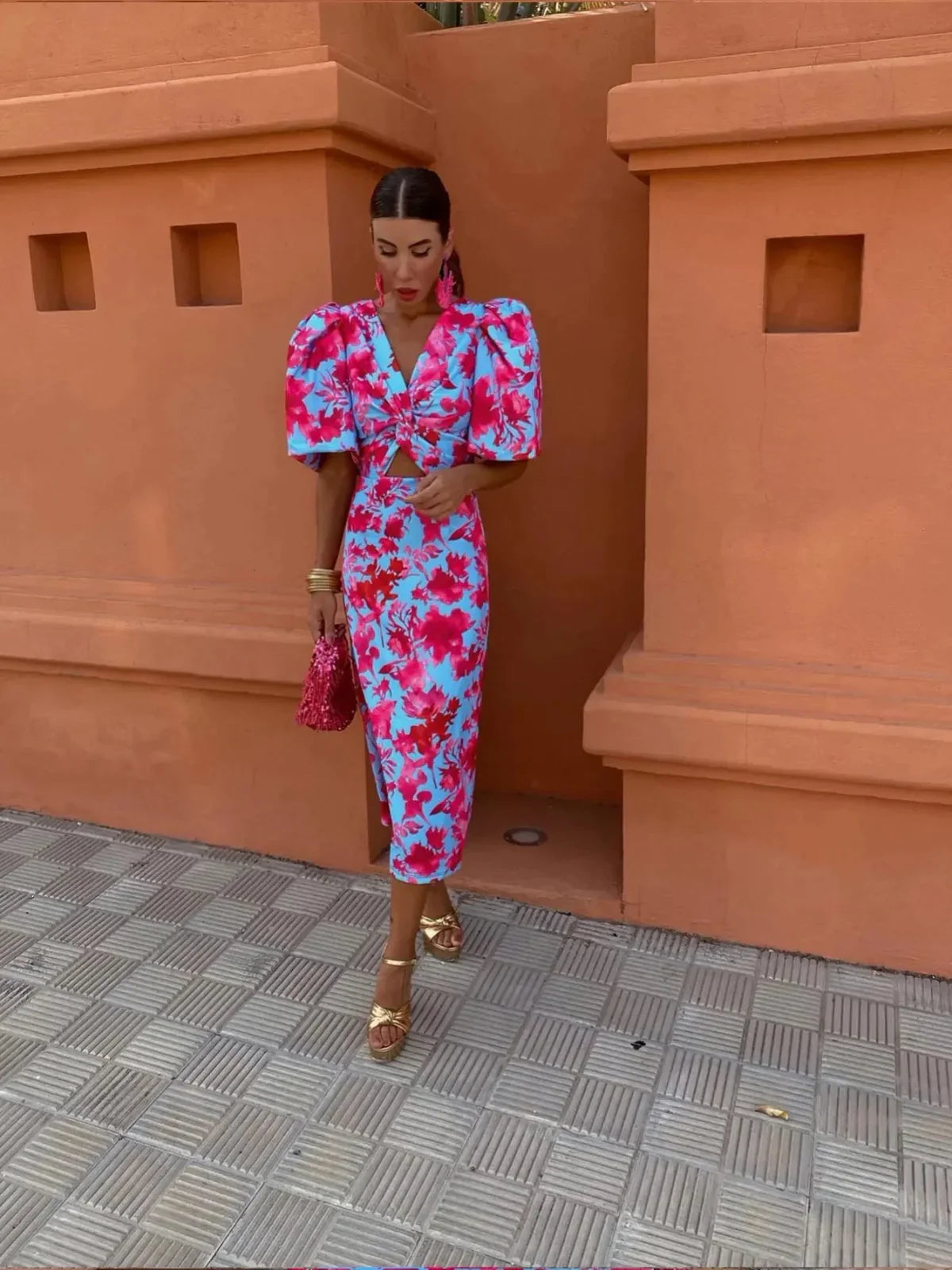 LK® | Bunte Kleid mit Gefalteten Ärmeln